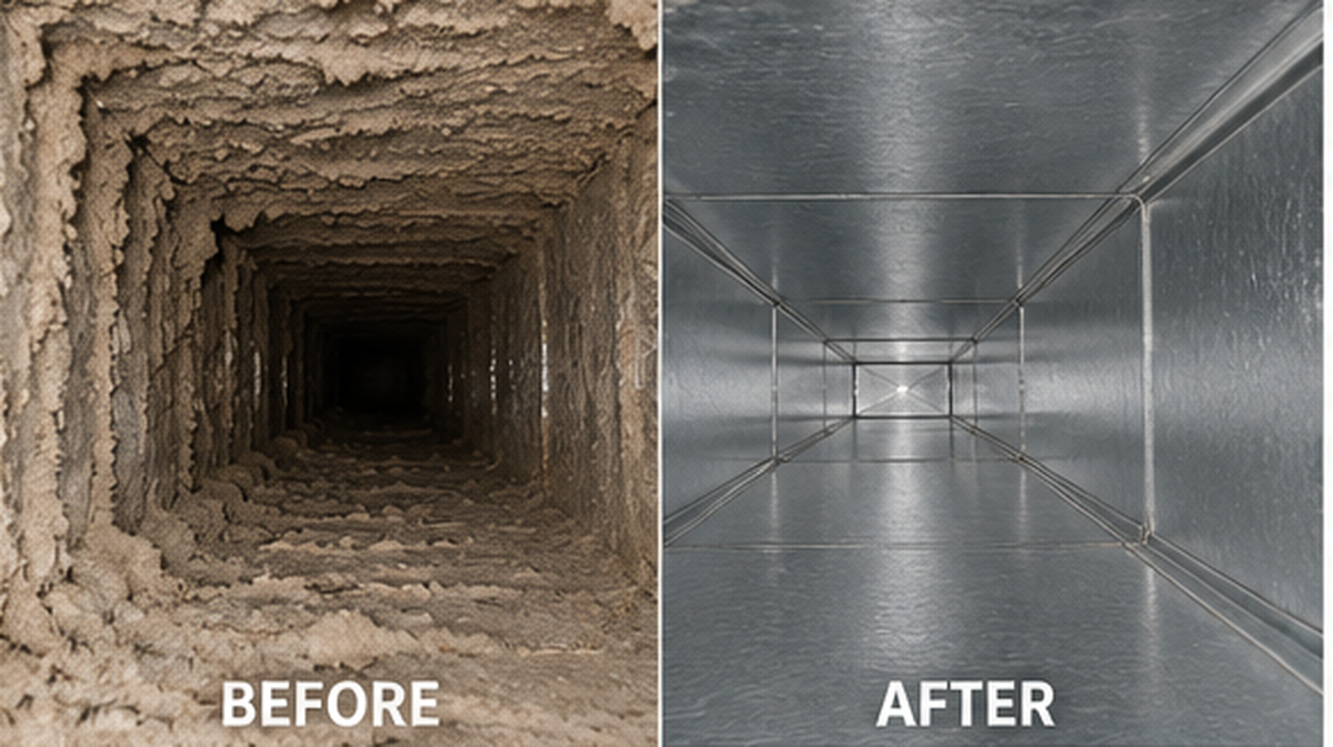 Before and after photo of air duct cleaning results for a Meriden CT home
